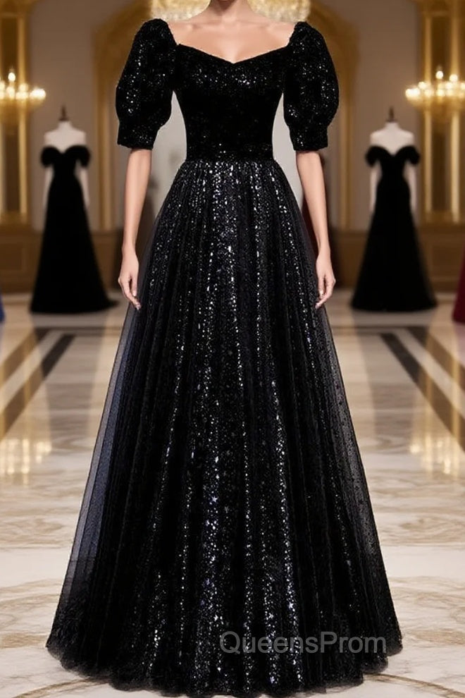 Modest Sparkly Black Long A-line Evening Prom Dress With Sleeves Evening Gowns Main image