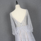 Amazing Long Gray Beading Evening Prom Dress Modest Evening Gowns