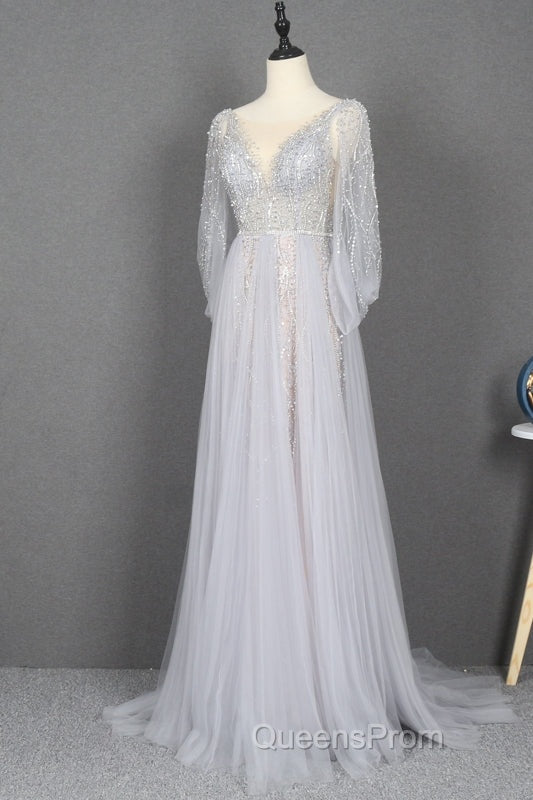 Amazing Long Gray Beading Evening Prom Dress Modest Evening Gowns