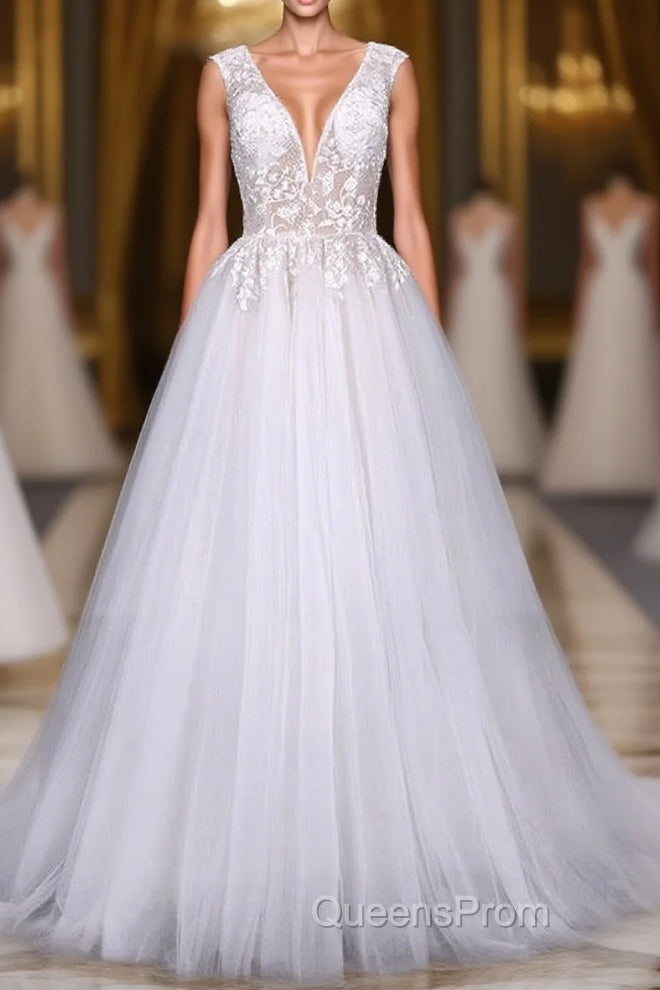 Flowy A-line Long V-neck Lace Tulle Beach Wedding Dress Bridal Gowns Main image