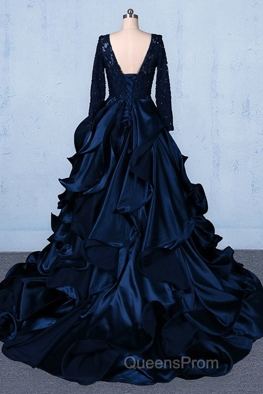 Formal V-neck Beading Lace Satin Backless Ball Gown Evening Prom Dress With Sleeves Secondary image