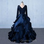 Formal V-neck Beading Lace Satin Backless Ball Gown Evening Prom Dress With Sleeves