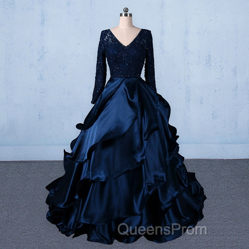 Formal V-neck Beading Lace Satin Backless Ball Gown Evening Prom Dress With Sleeves