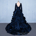 Formal V-neck Beading Lace Satin Backless Ball Gown Evening Prom Dress With Sleeves