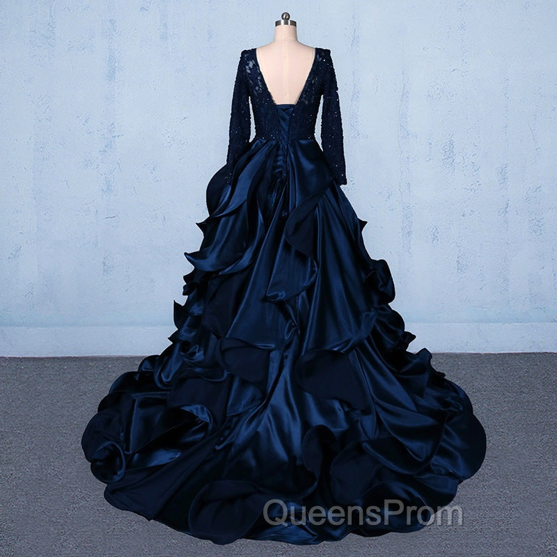 Formal V-neck Beading Lace Satin Backless Ball Gown Evening Prom Dress With Sleeves