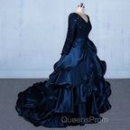 Formal V-neck Beading Lace Satin Backless Ball Gown Evening Prom Dress With Sleeves