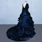 Formal V-neck Beading Lace Satin Backless Ball Gown Evening Prom Dress With Sleeves