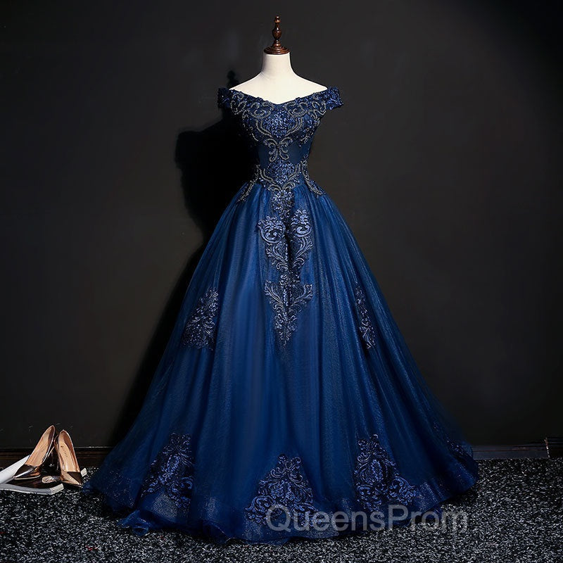 Off The Shoulder Lace Up Floor Length Princess Evening Prom Dress With Lace Appliques