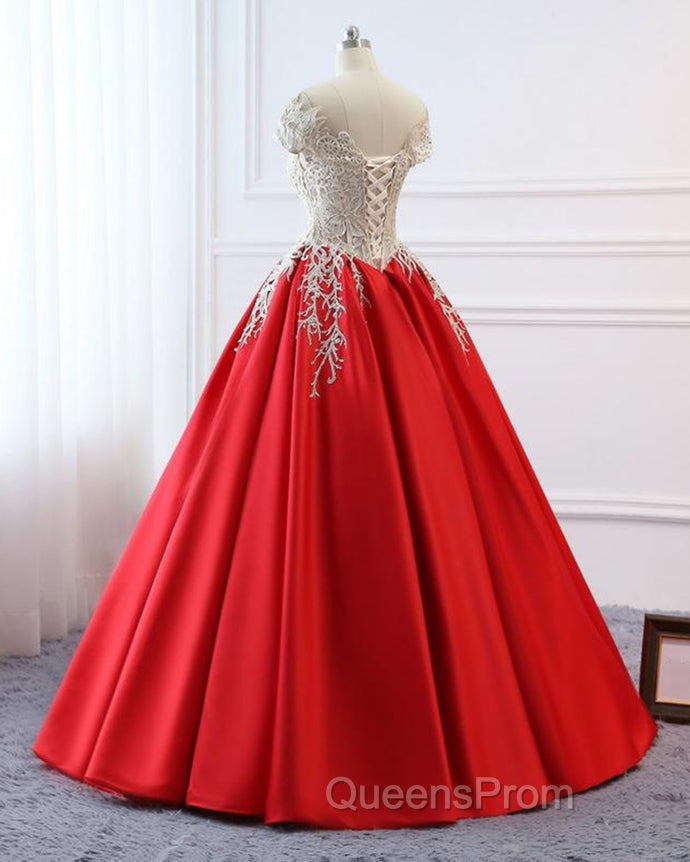 Modest Red Cap Sleeves Ball Gowns Lace Satin Evening Prom Dress Evening Dress