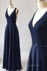 Navy Blue V-neck Floor Length Simple Cute Long Evening Prom Dress