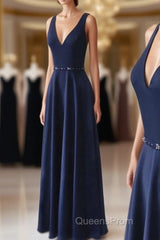 Navy Blue V-neck Floor Length Simple Cute Long Evening Prom Dress