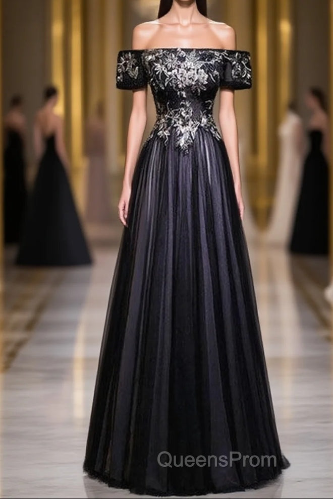 Beauty Off The Shoulder Floor Length Lace Up Long Black Evening Prom Dress With Appliques Main image