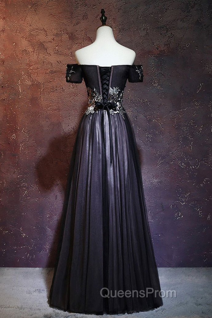 Beauty Off The Shoulder Floor Length Lace Up Long Black Evening Prom Dress With Appliques Secondary image