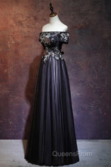 Beauty Off The Shoulder Floor Length Lace Up Long Black Evening Prom Dress With Appliques