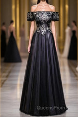 Beauty Off The Shoulder Floor Length Lace Up Long Black Evening Prom Dress With Appliques