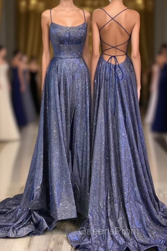 Beautiful Spaghetti Straps Backless Long Blue Party Evening Prom Dress Main image