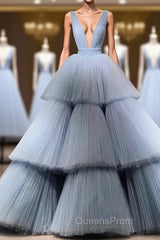 Modest Ball Gown Long V-neck Light Blue Princess Evening Prom Dress Quinceanera Dress