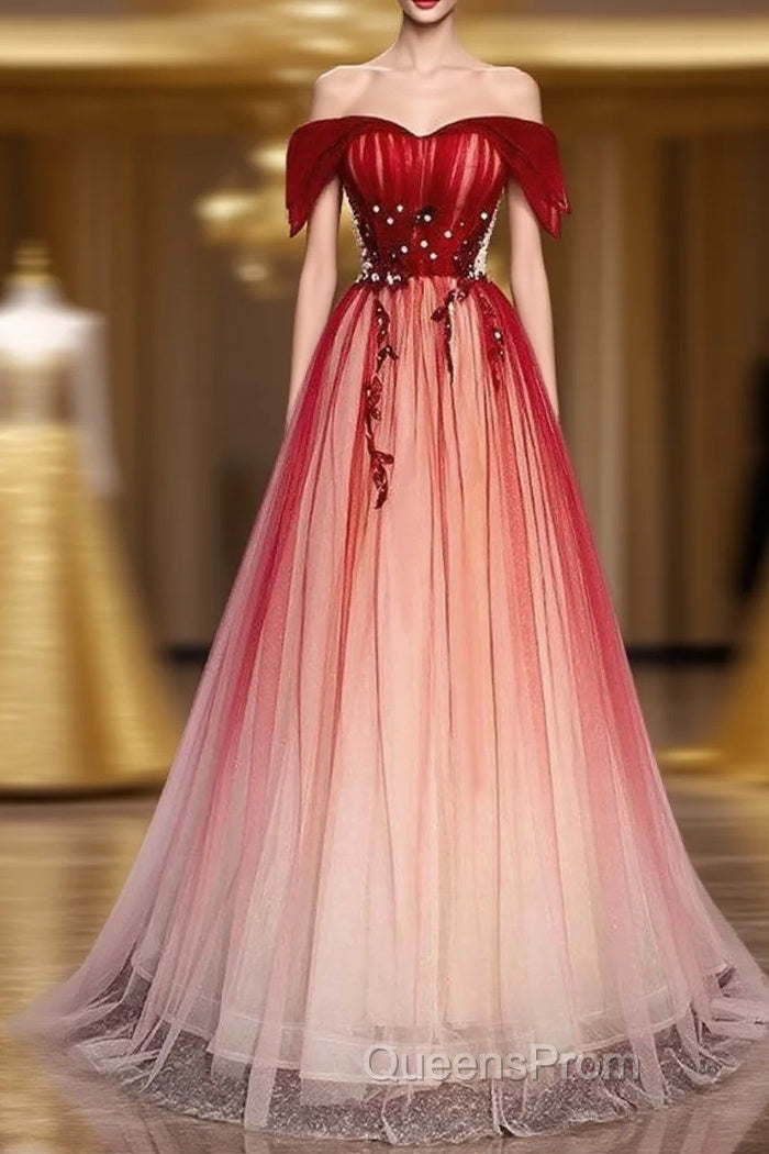 Burgundy Off The Shoulder Tulle Long Lace Up Formal Evening Prom Dress Party Dress Main image