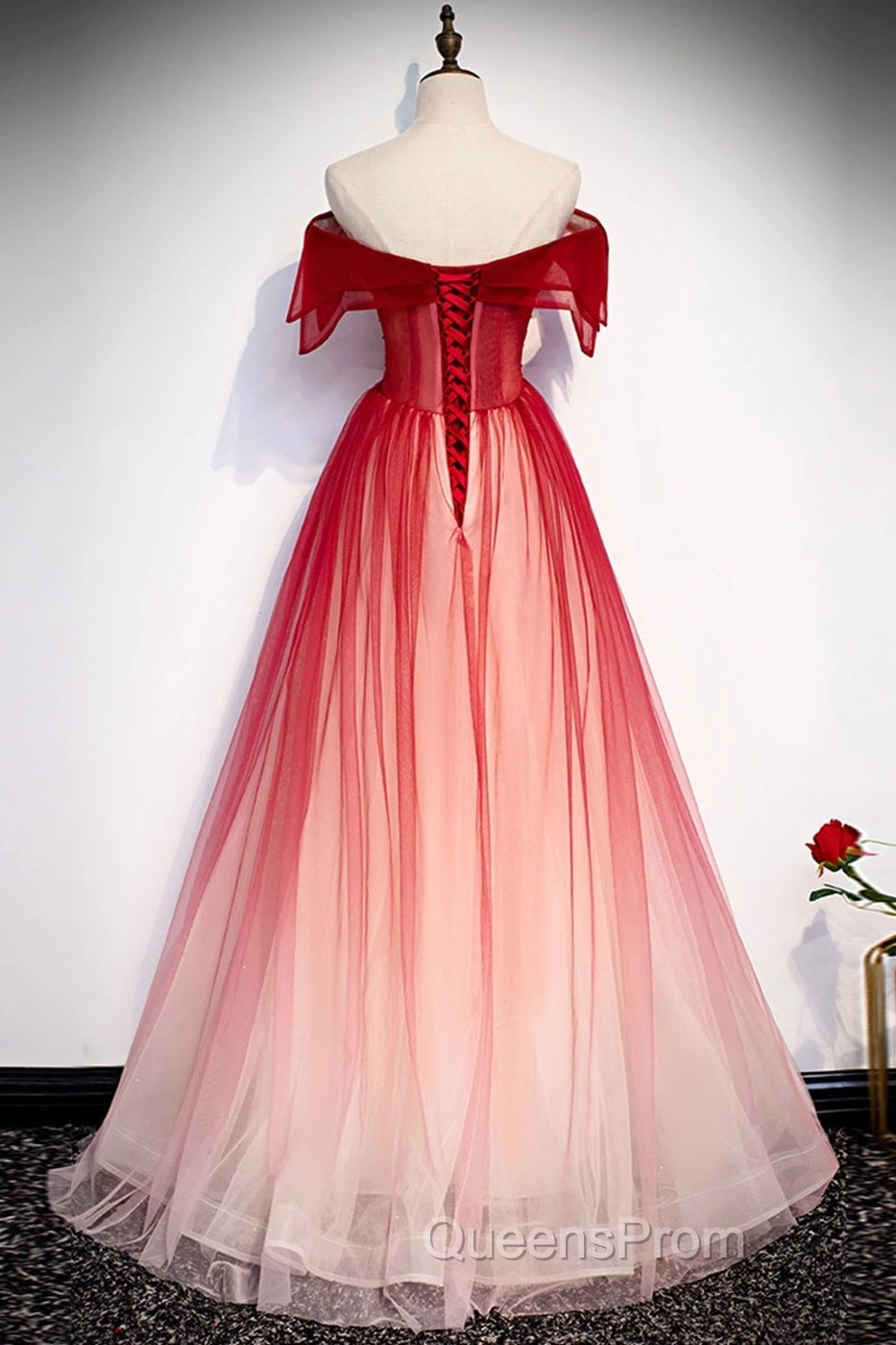 Burgundy Off The Shoulder Tulle Long Lace Up Formal Evening Prom Dress Party Dress Secondary image