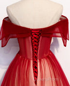 Burgundy Off The Shoulder Tulle Long Lace Up Formal Evening Prom Dress Party Dress