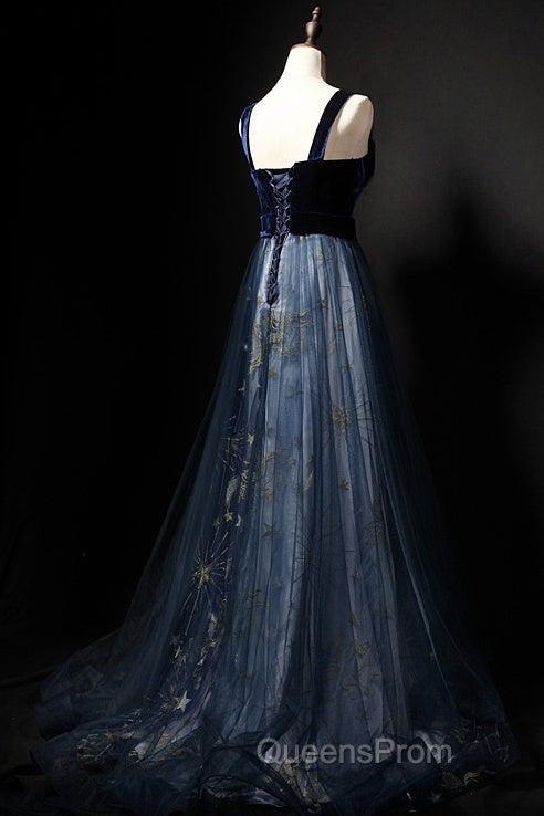 Elegant Long Lace Up Velvet Tulle Evening Prom Dress Modest Party Gowns