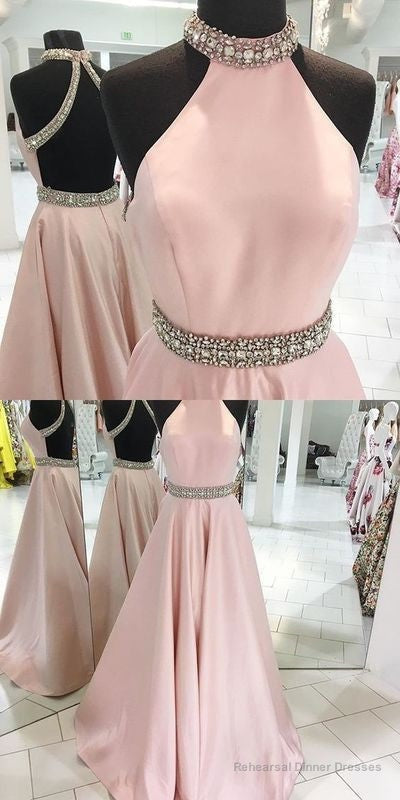 Dusty Pink Beaded Halter Neck Ball Gown Satin Backless Prom Dress Main image