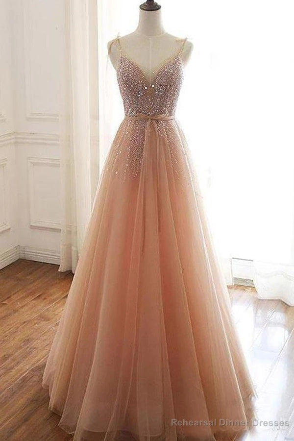 Tulle A-line Lace Up Back Straps Evening Dresses Sequins Prom Dresses Main image