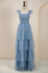 Dusty Blue Flutter Sleeves A-line Multi-Layers Long Prom Dress with Slit