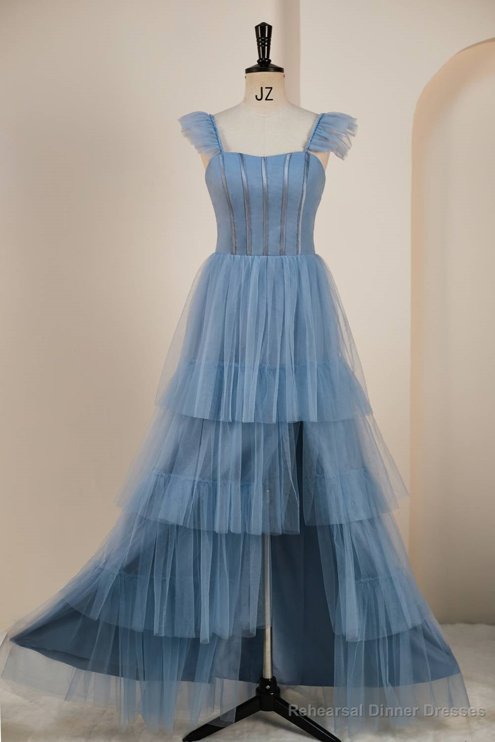 Dusty Blue Flutter Sleeves A-line Multi-Layers Long Prom Dress with Slit Secondary image
