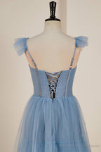 Dusty Blue Flutter Sleeves A-line Multi-Layers Long Prom Dress with Slit