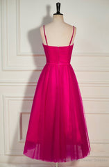 Fuchsia Straps A-line Tulle Tea-Length Prom Dress
