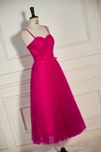 Fuchsia Straps A-line Tulle Tea-Length Prom Dress