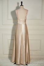 Champagne Cowl Neck Straps A-line Satin Long Dress with Slit