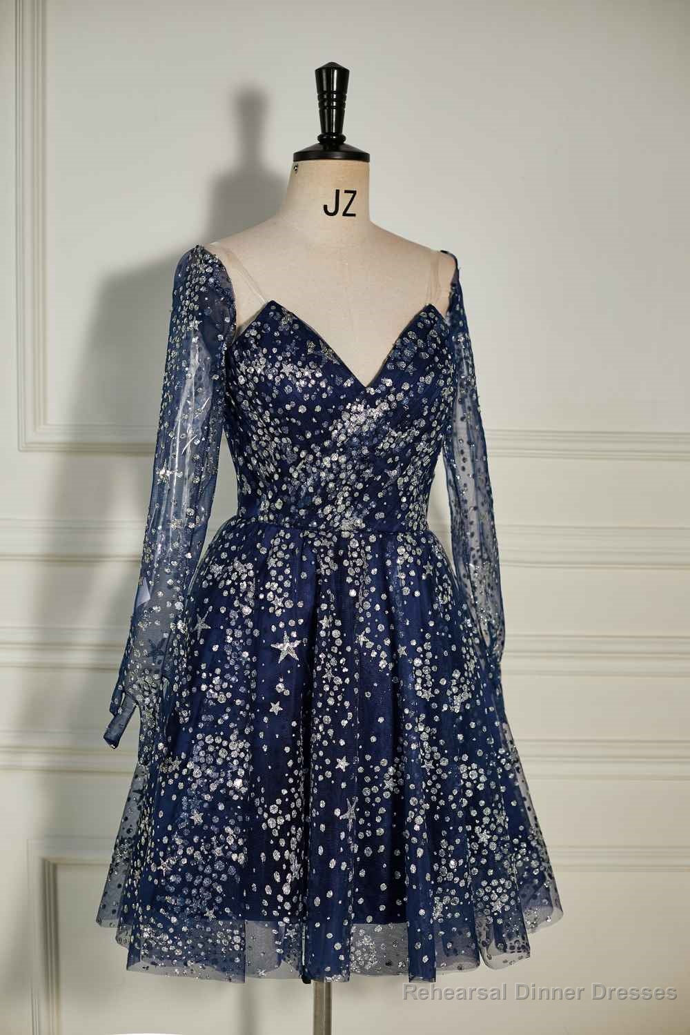 Dark Navy Sequined Long Sleeves A-line Homecoming Dress Secondary image