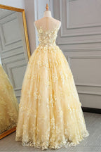 Yellow Sheer Neck Tulle Lace Floral Floor Length Prom Dresses