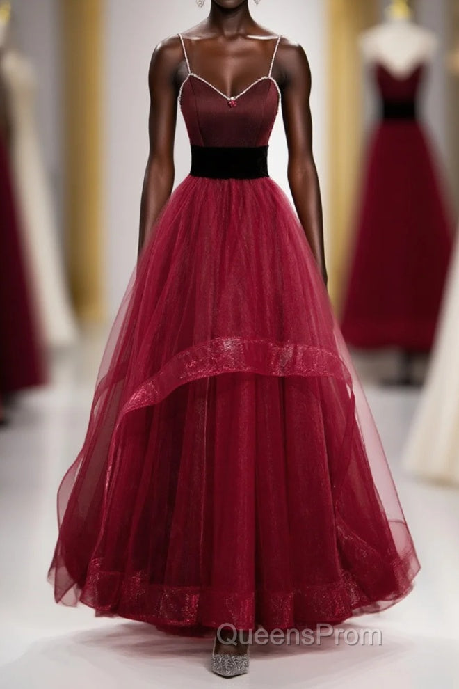 Wine Red Straps Beaded Sweetheart Tulle Formal Dress, Wine Red A-Line Evening Prom Dress Main image