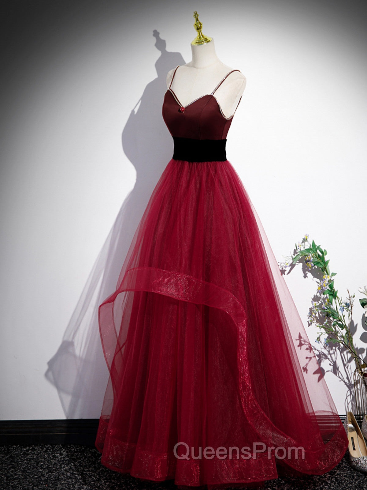 Wine Red Straps Beaded Sweetheart Tulle Formal Dress, Wine Red A-Line Evening Prom Dress Secondary image