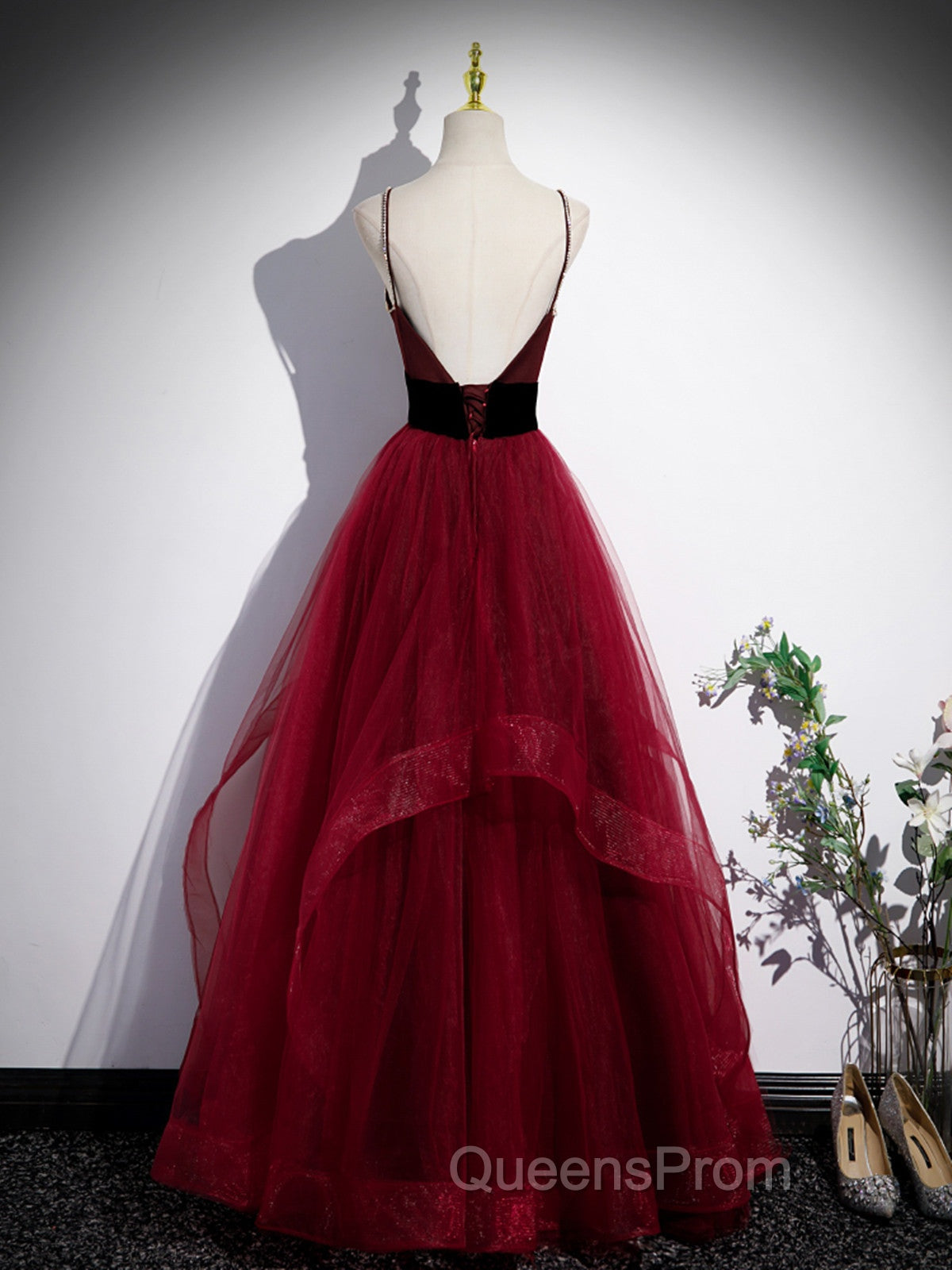 Wine Red Straps Beaded Sweetheart Tulle Formal Dress, Wine Red A-Line Evening Prom Dress