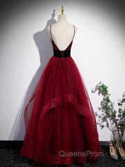 Wine Red Straps Beaded Sweetheart Tulle Formal Dress, Wine Red A-Line Evening Prom Dress