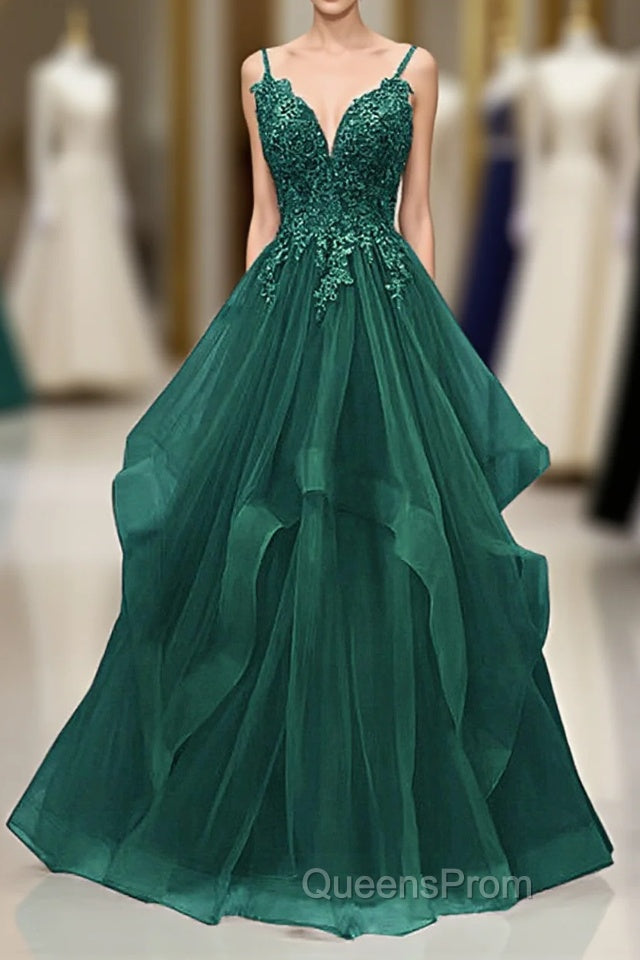 A-Line Tulle With Lace Applique Straps Long Party Dress, Green Tulle Evening Prom Dress Main image