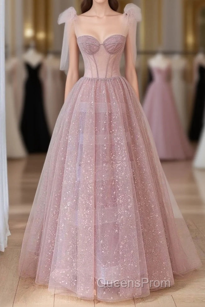 Lovely Shiny Tulle Pink Round Long Formal Dress, Pink Tulle Evening Prom Dress Main image