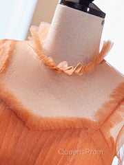 Unique High Neck Tulle Long Evening Prom Dress, Orange Formal Evening Dress
