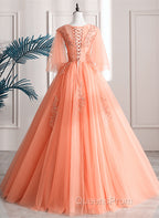 Lovey Tulle V-Neckline Long Party Dress With Lace, A-Line Tulle Sweet 16 Dress