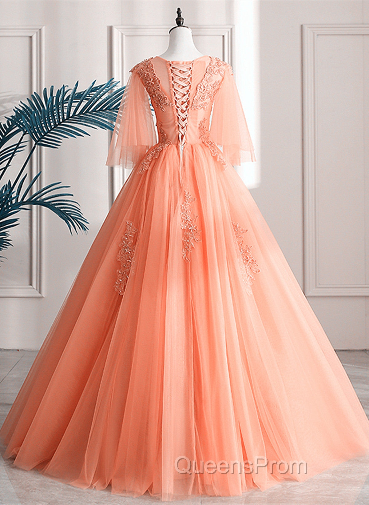 Lovey Tulle V-Neckline Long Party Dress With Lace, A-Line Tulle Sweet 16 Dress
