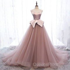 Pink Spaghetti Straps Tulle Long Formal Evening Prom Dress, Unique Long Wedding Dess