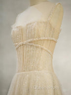 Champagne Tulle Long Evening Prom Dress, Champagne Tulle Formal Dress