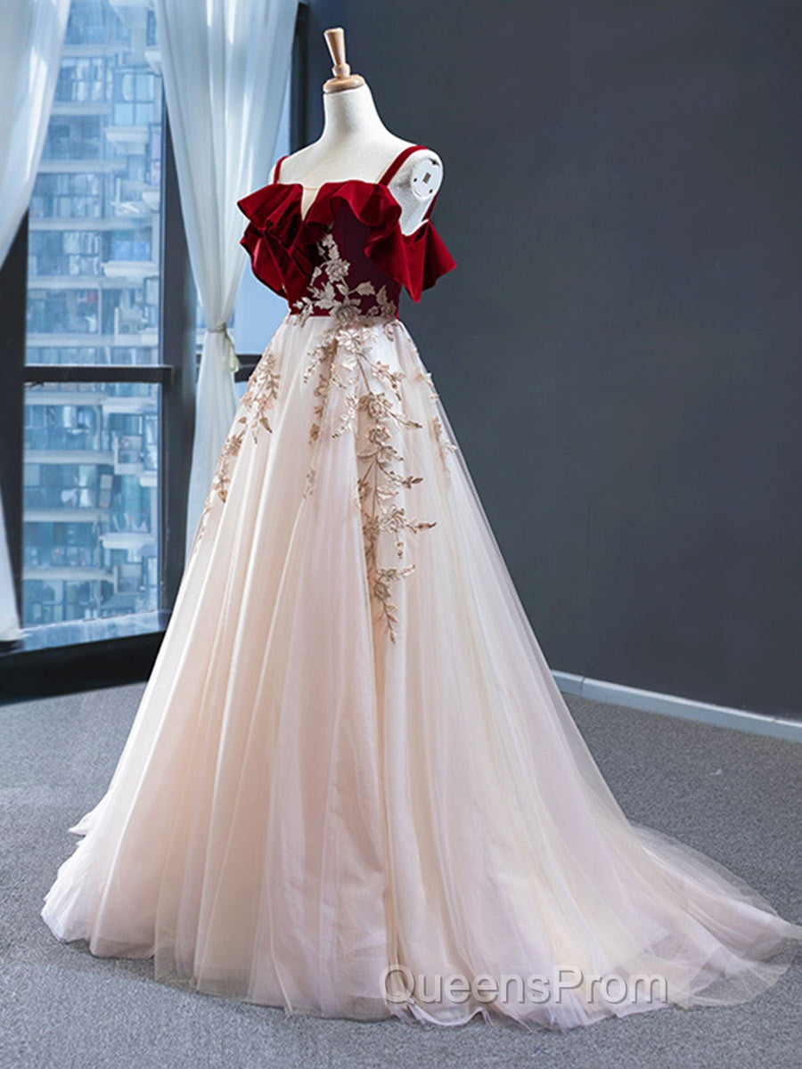 UniqueDresss Vintage Red Straps Tulle Formal Dress, Elegant Applique Evening Prom Dress