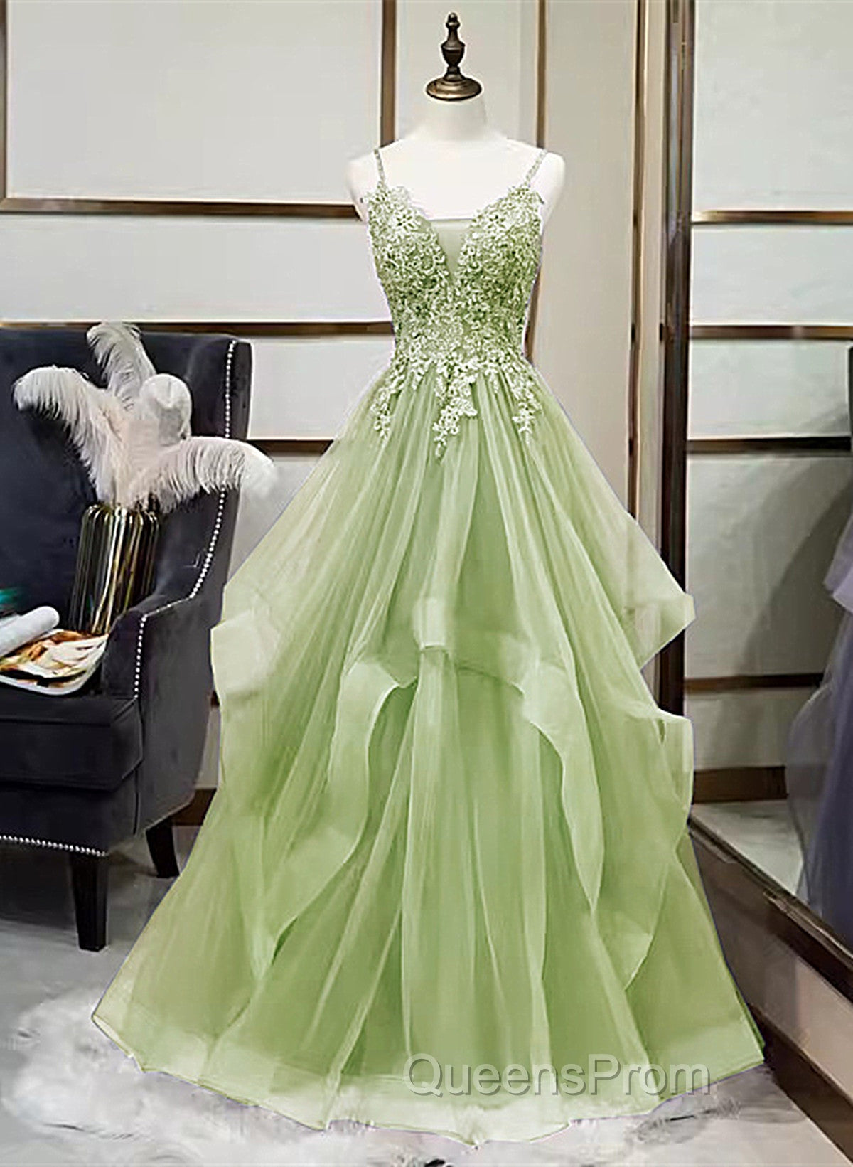 A-Line Tulle With Lace Applique Straps Long Party Dress, Green Tulle Evening Prom Dress Secondary image