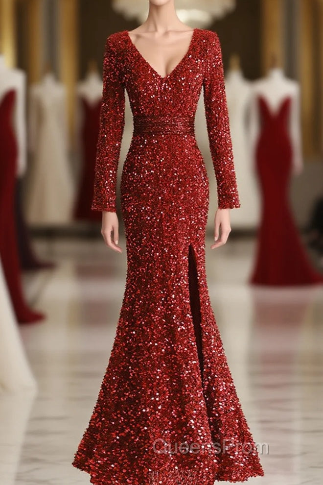Wine Red Long Sleeves Mermaid Long Formal Dress, Wine Red Evening Prom Dress Main image