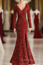 Wine Red Long Sleeves Mermaid Long Formal Dress, Wine Red Evening Prom Dress